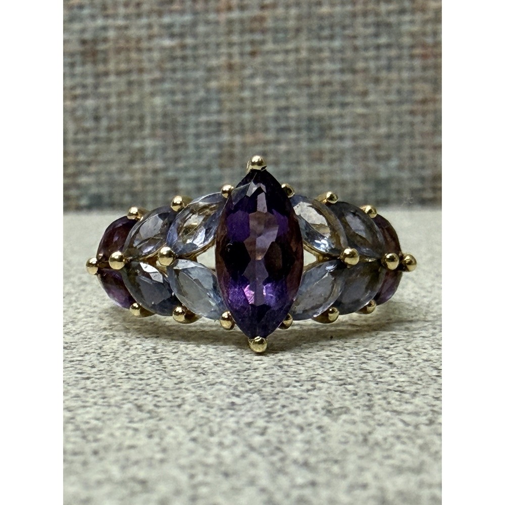 Estate 14k Yellow Solid Gold Amethyst And Lolite Marquis Gemstone Ring Sz 7